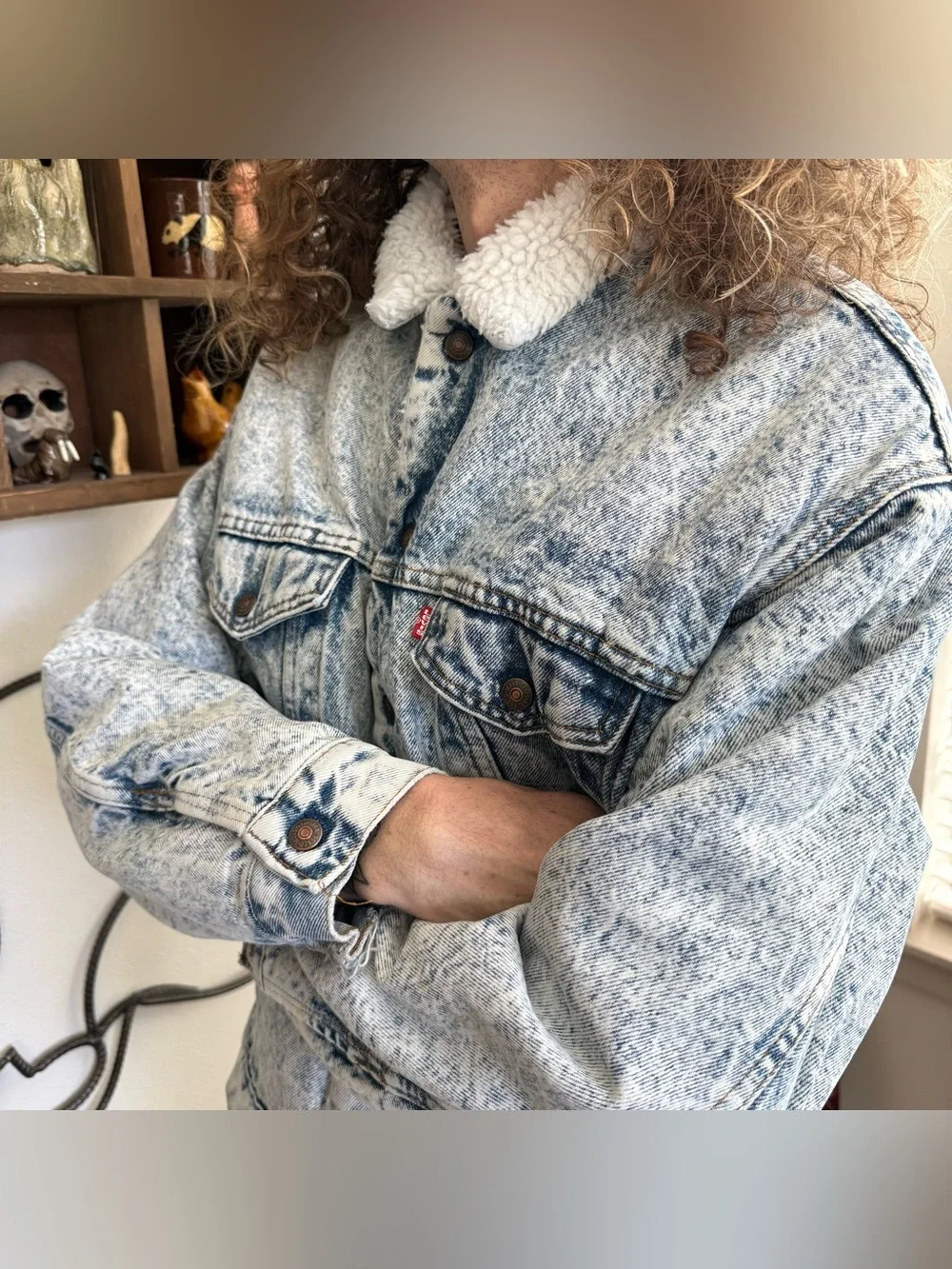 Vintage 80s Levis Sherpa Lined Denim Jacket Type III Acid Wash ~ Size XL